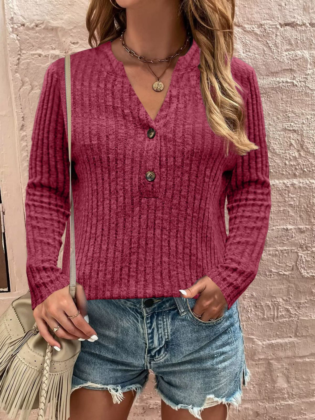 Long sleeve women's t-shirt with ribbed design and button detail Lune London
