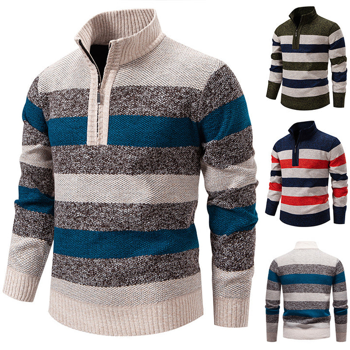 Trendy knitted sweater for men with high collar and contrasting stripes Lune London