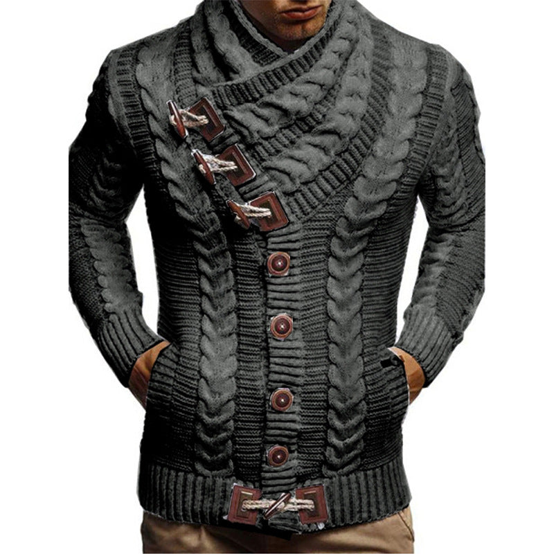 Men's chunky knit jacket with creative shawl collar and button details Lune London