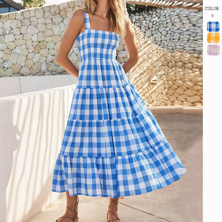 Chic & Stil Women's Summer Maxi Dress with Plaid Pattern and Flowing Cut