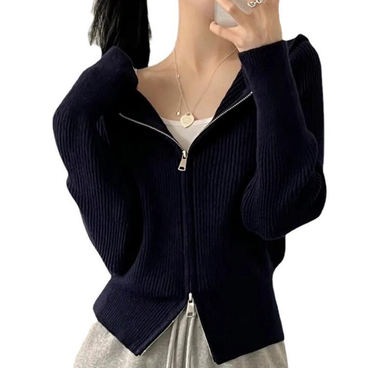 Ladies casual knit jacket with hood and zipper Lune London