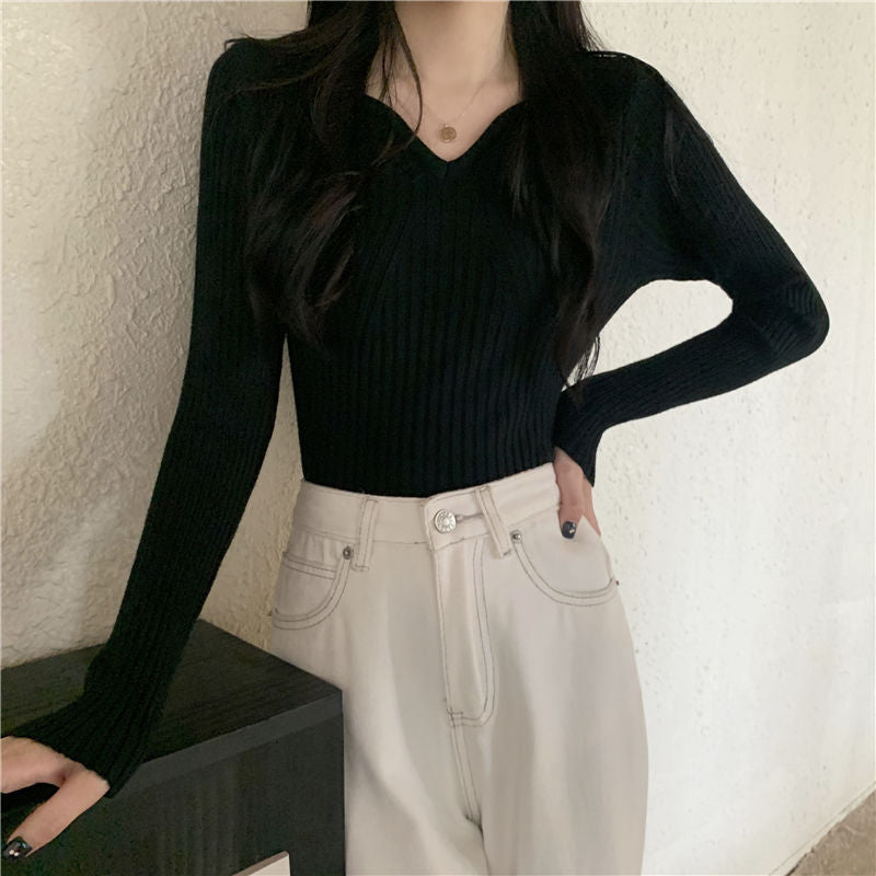 Pull en maille fine pour femmes en V avec structure côtelée Chic & Stil