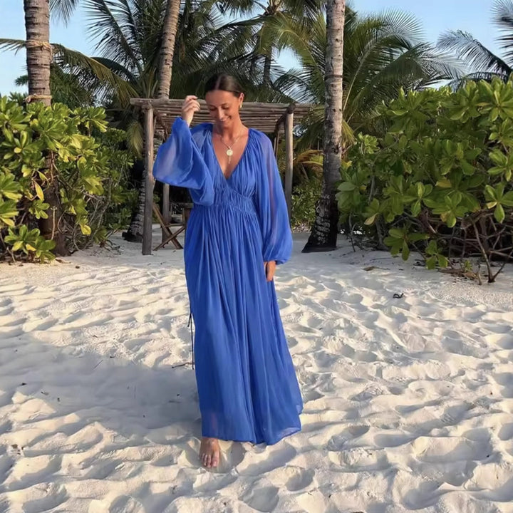 Maxi dress for women with an elegant draped effect and feminine ruffles Lune London