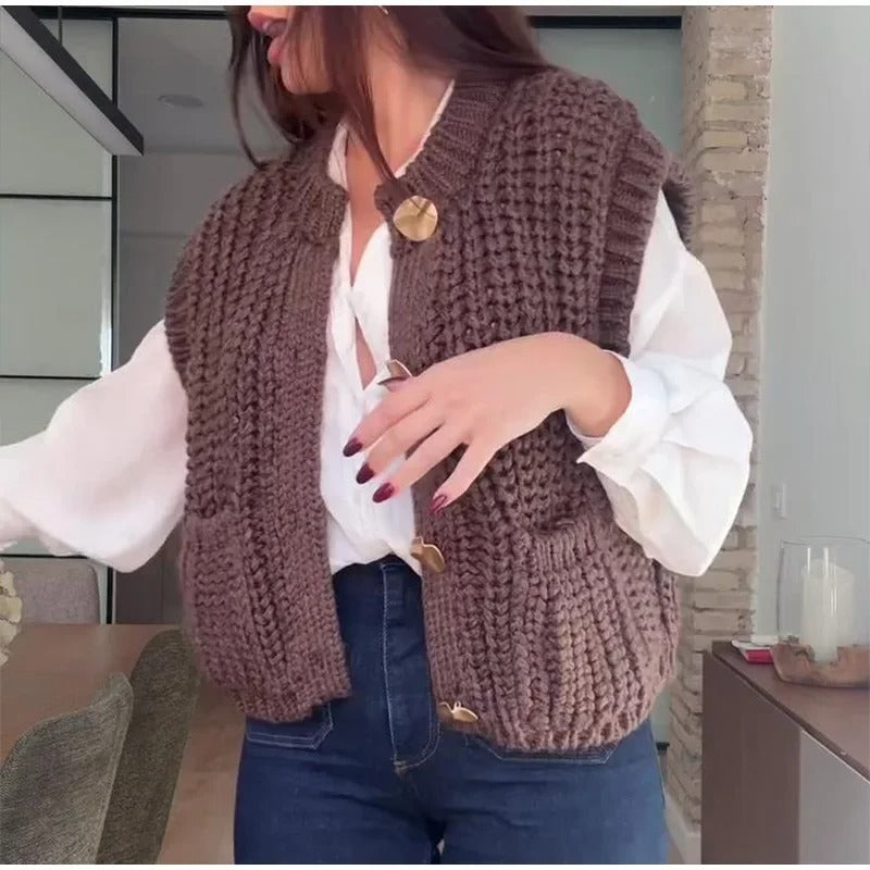 Ladies knitted vest with pockets and button detail Lune London