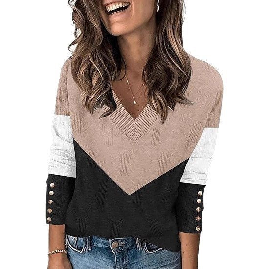 Trendy V-neck sweater for women with color block and button details Lune London
