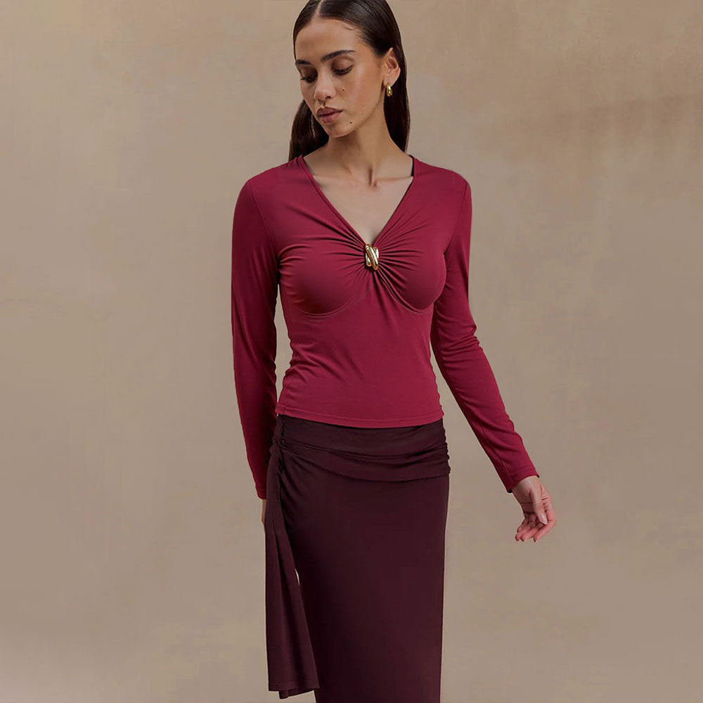 Haut femme avec détail de nœud raffiné et élégant décolleté en V Chic & Stil