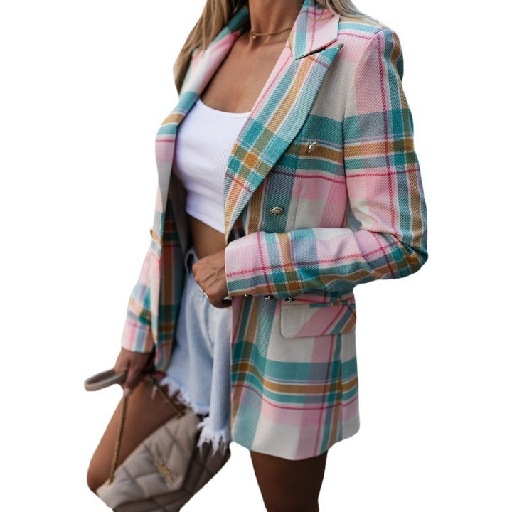 Plaid women's blazer with double-breasted buttons and stylish details Lune London