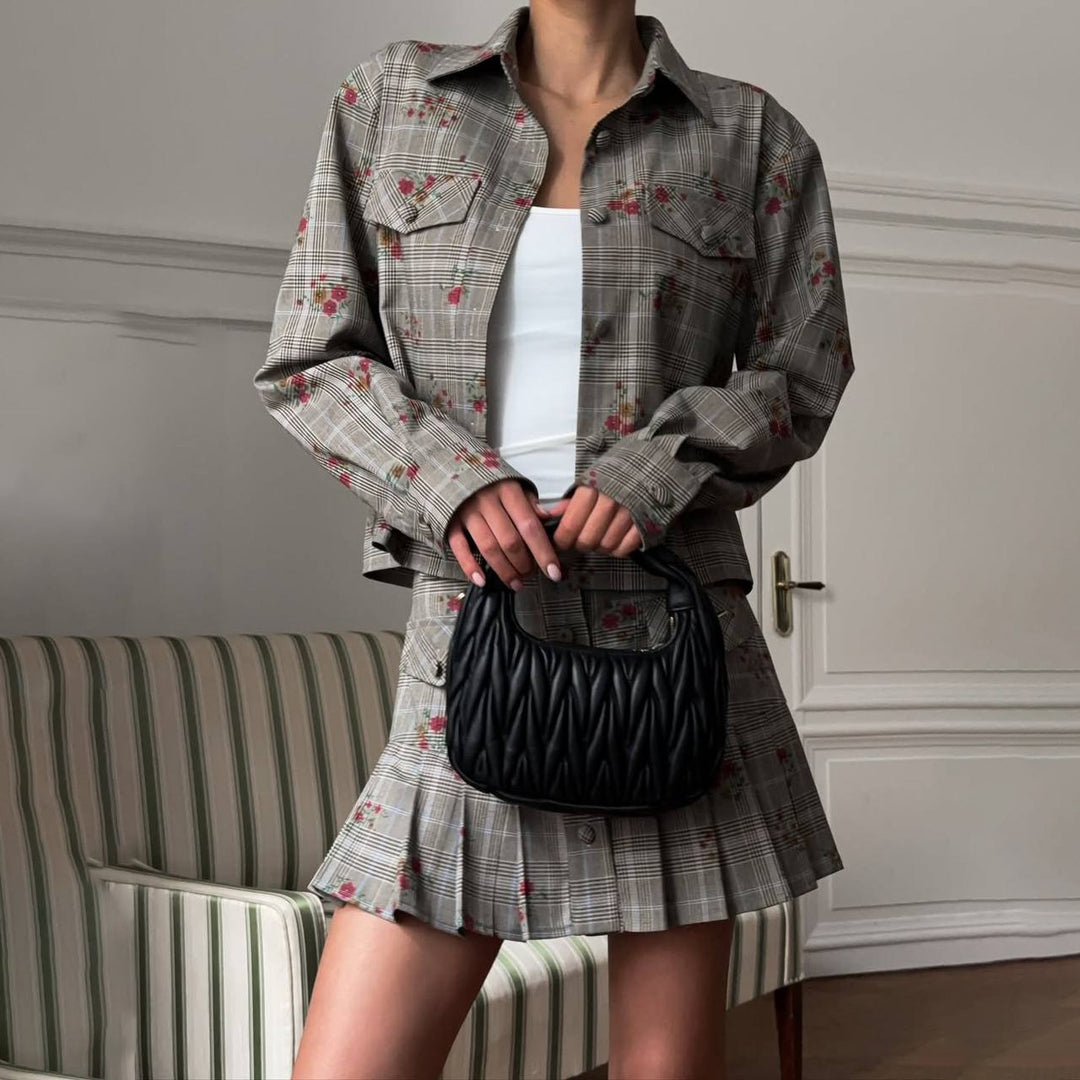 Plaid jacket for women with floral accents and matching skirt Lune London