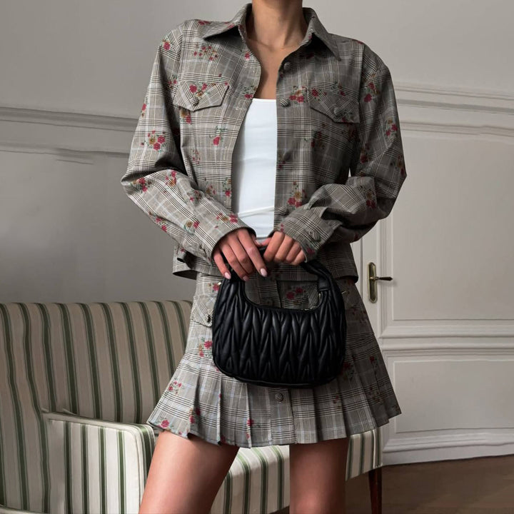 Plaid jacket for women with floral accents and matching skirt Lune London