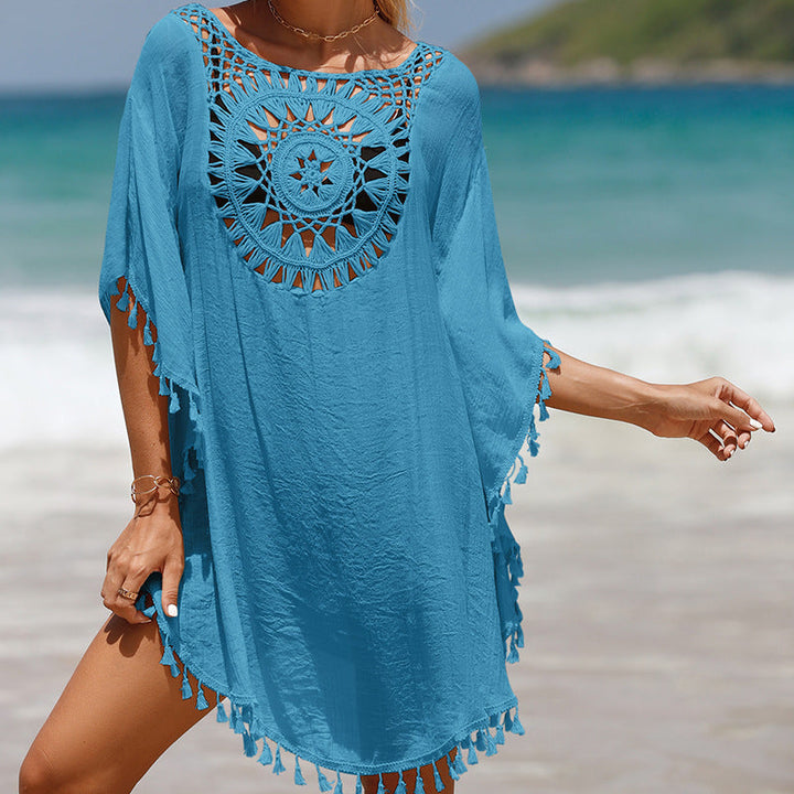 Women's beach tunic with artistic crochet design and fringed hems Lune London