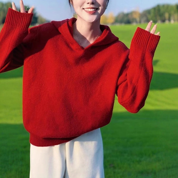 Knitted pullover for women with V-neck and hood Lune London
