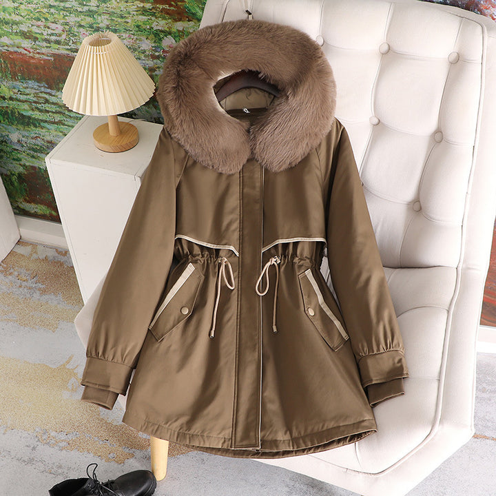 Lune London fashionable women's transition jacket with removable faux fur collar and drawstring waist