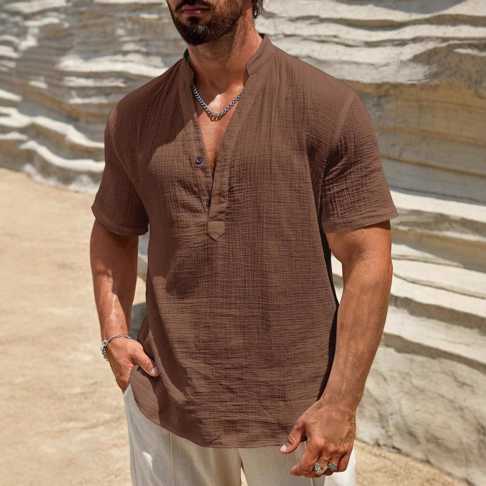 Men's short sleeve Henley shirt with modern stand-up collar in lightweight cotton material Lune London