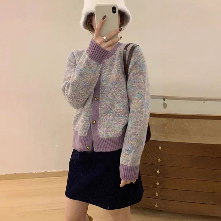 Ladies cozy knitted pullover with heart-shaped buttons and contrast ribbed details Lune London