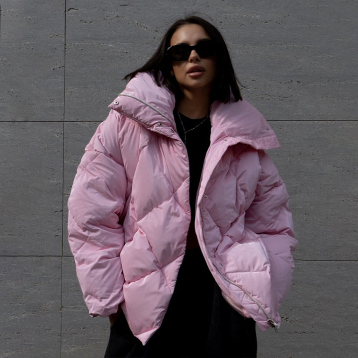 Ladies padded quilted jacket with high collar and practical pockets Lune London
