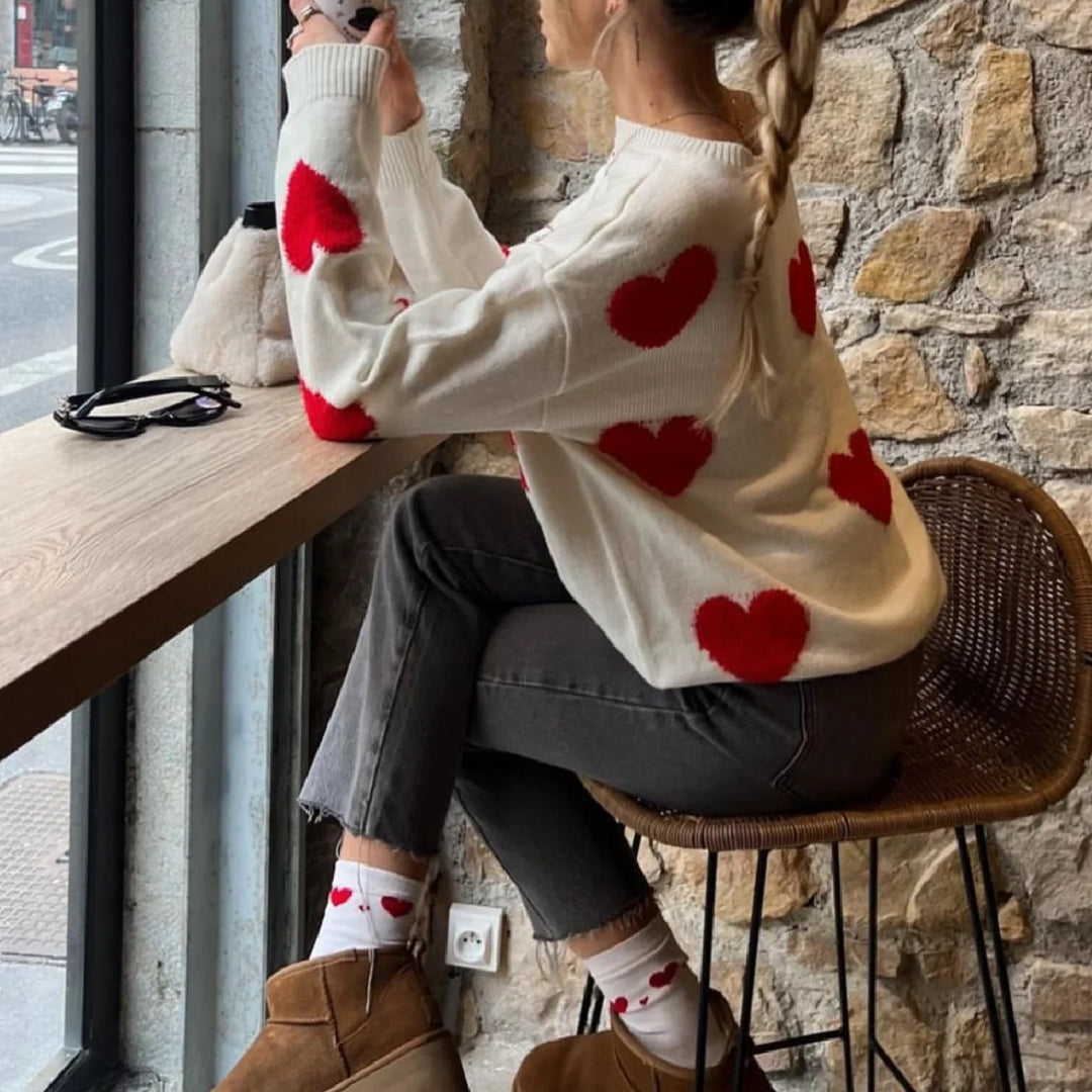Ladies Comfortable Sweater with Chic Heart Pattern and Style