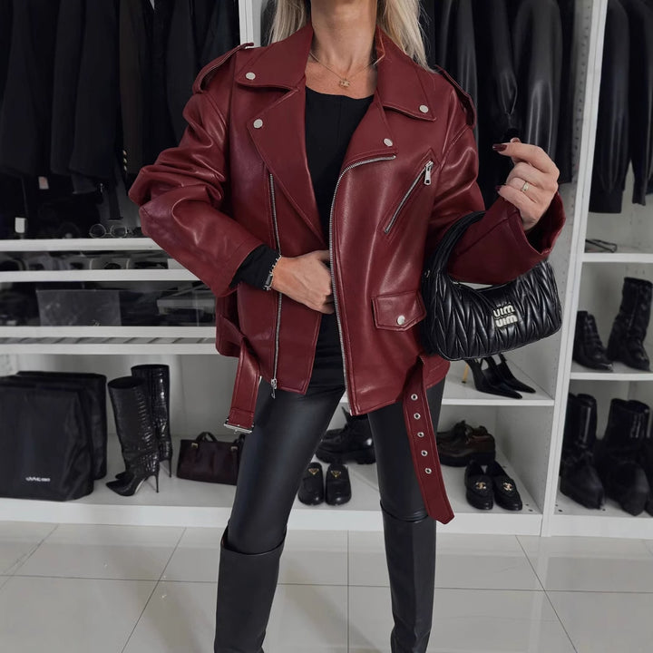 Dames Veste Biker en Faux Cuir avec Fermeture Éclair Asymétrique et Épaules Tombantes Chic & Stil