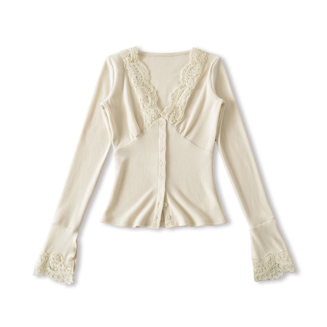 Women's long sleeve t-shirt with feminine lace collar and button detail Lune London