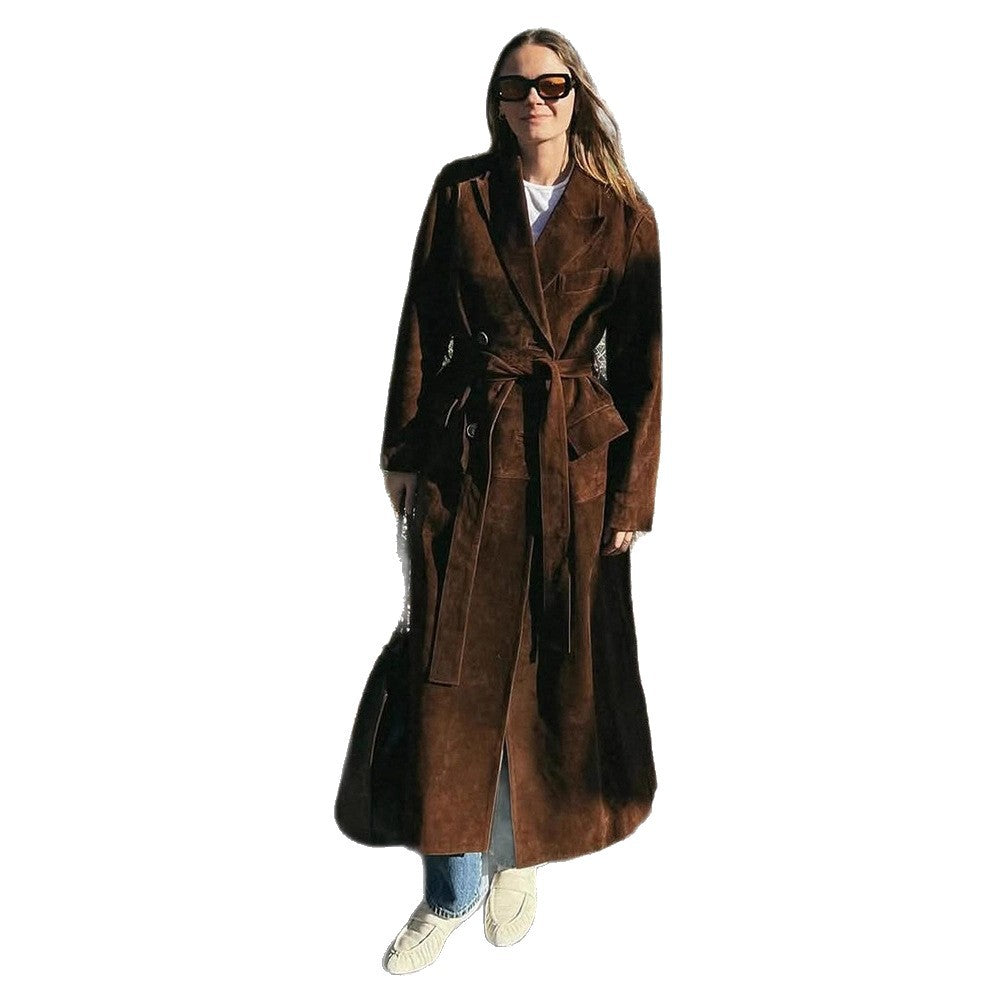 Elegant suede coat for ladies with waist belt Lune London