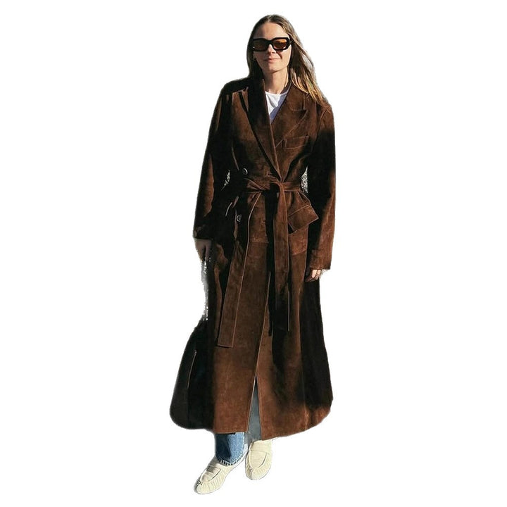 Elegant suede coat for ladies with waist belt Lune London