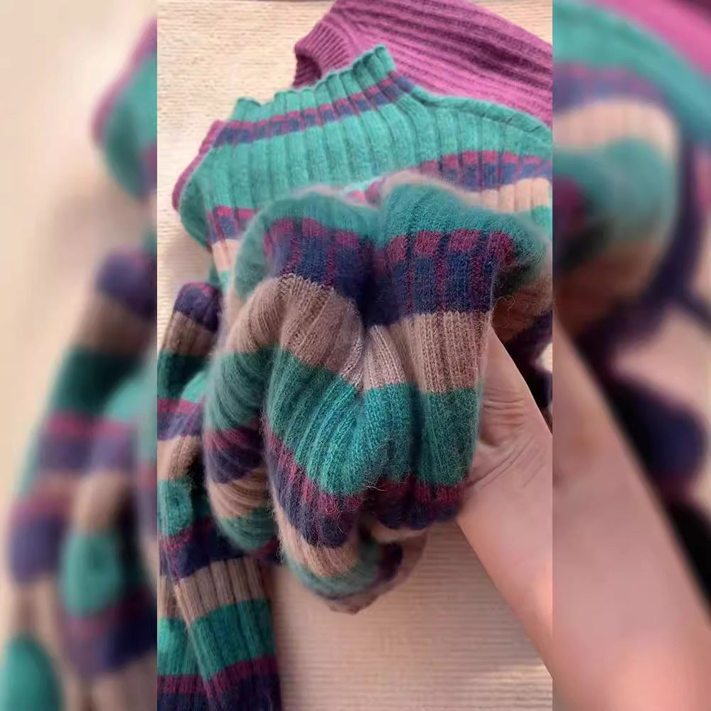 Ribbed knit sweater for women with high collar and trendy striped pattern Lune London