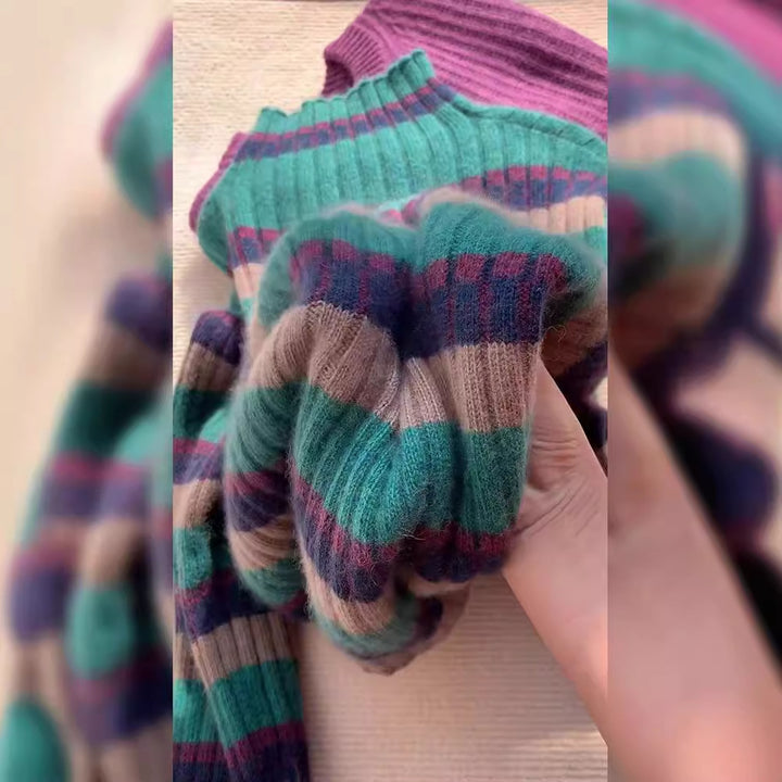 Ribbed knit sweater for women with high collar and trendy striped pattern Lune London