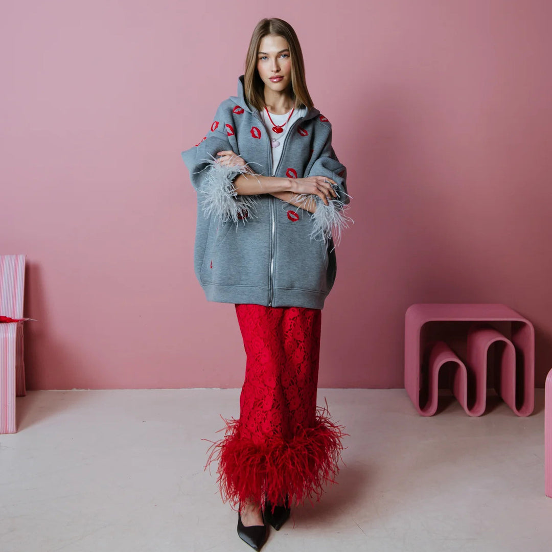 Hoodie for women with feathers and lips pattern Lune London