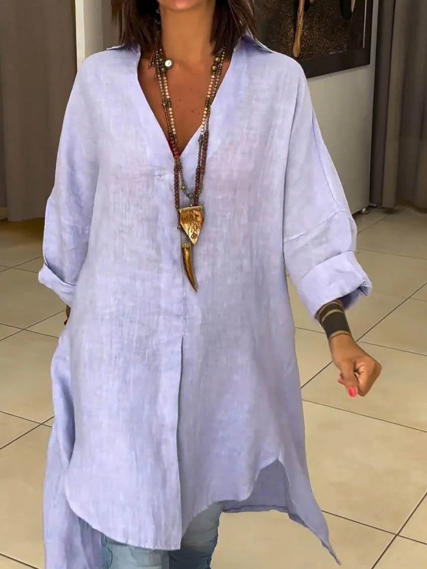Women's Casual Linen Blouse with Full Button Placket and Cuffable Sleeves Lune London