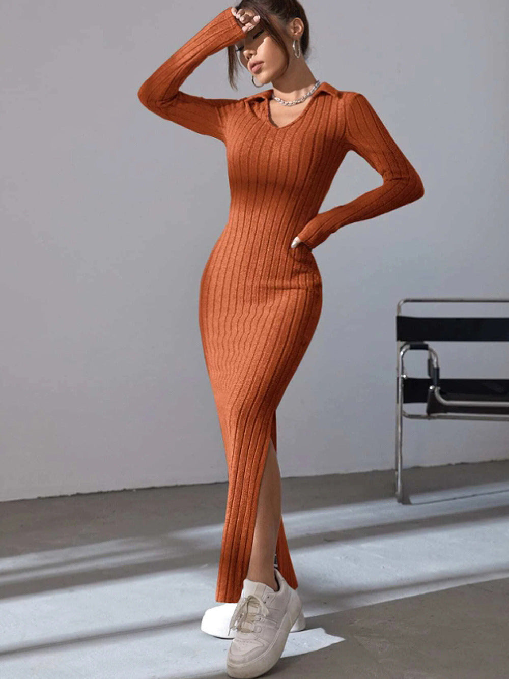 Knit dress for women with deep V-neck and side slit Lune London
