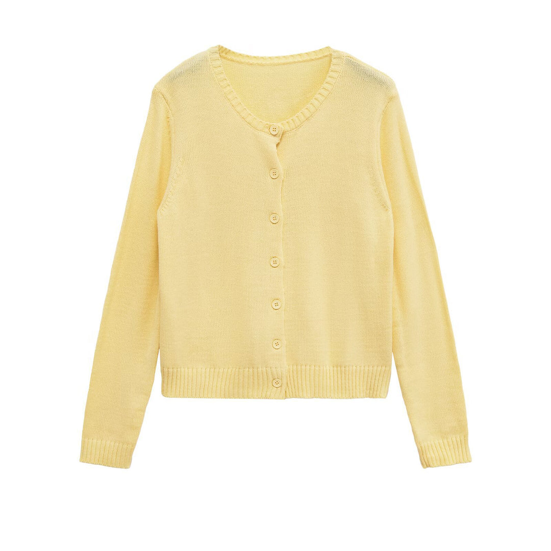 Fine knit jacket for women with continuous button placket and soft round collar Lune London