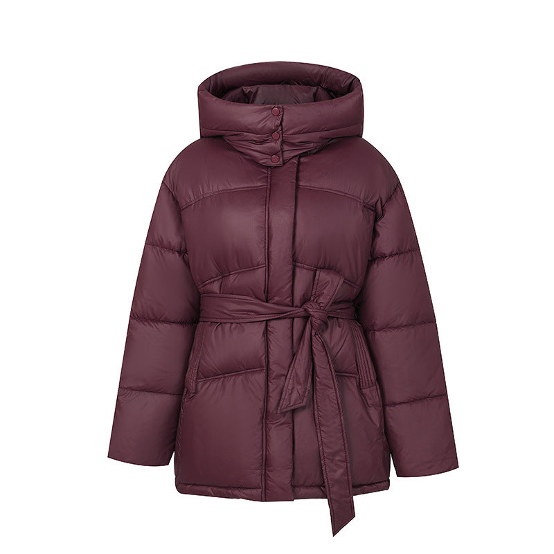 Quilted winter coat fashion for women with belt and hood Lune London
