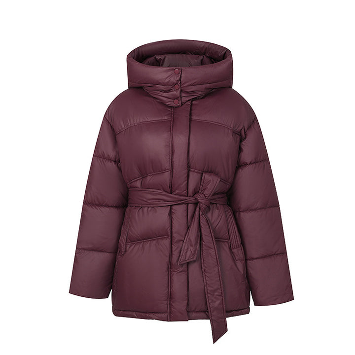 Quilted winter coat fashion for women with belt and hood Lune London
