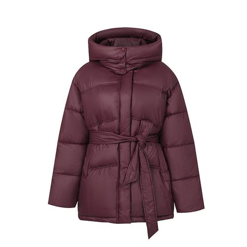 Quilted winter coat fashion for women with belt and hood Lune London