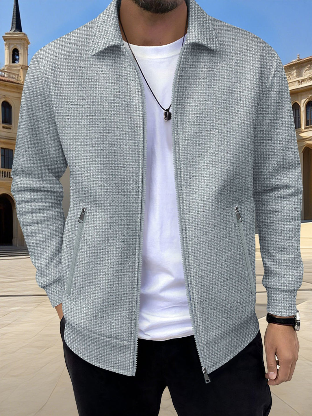 Fashionable casual men's leisure jacket with relaxed fit and practical zippered pockets Lune London