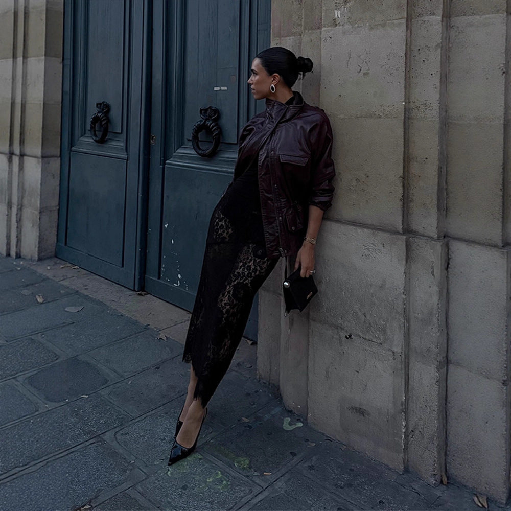 Veste en faux cuir pour femmes avec poches pratiques et col haut Chic & Stil