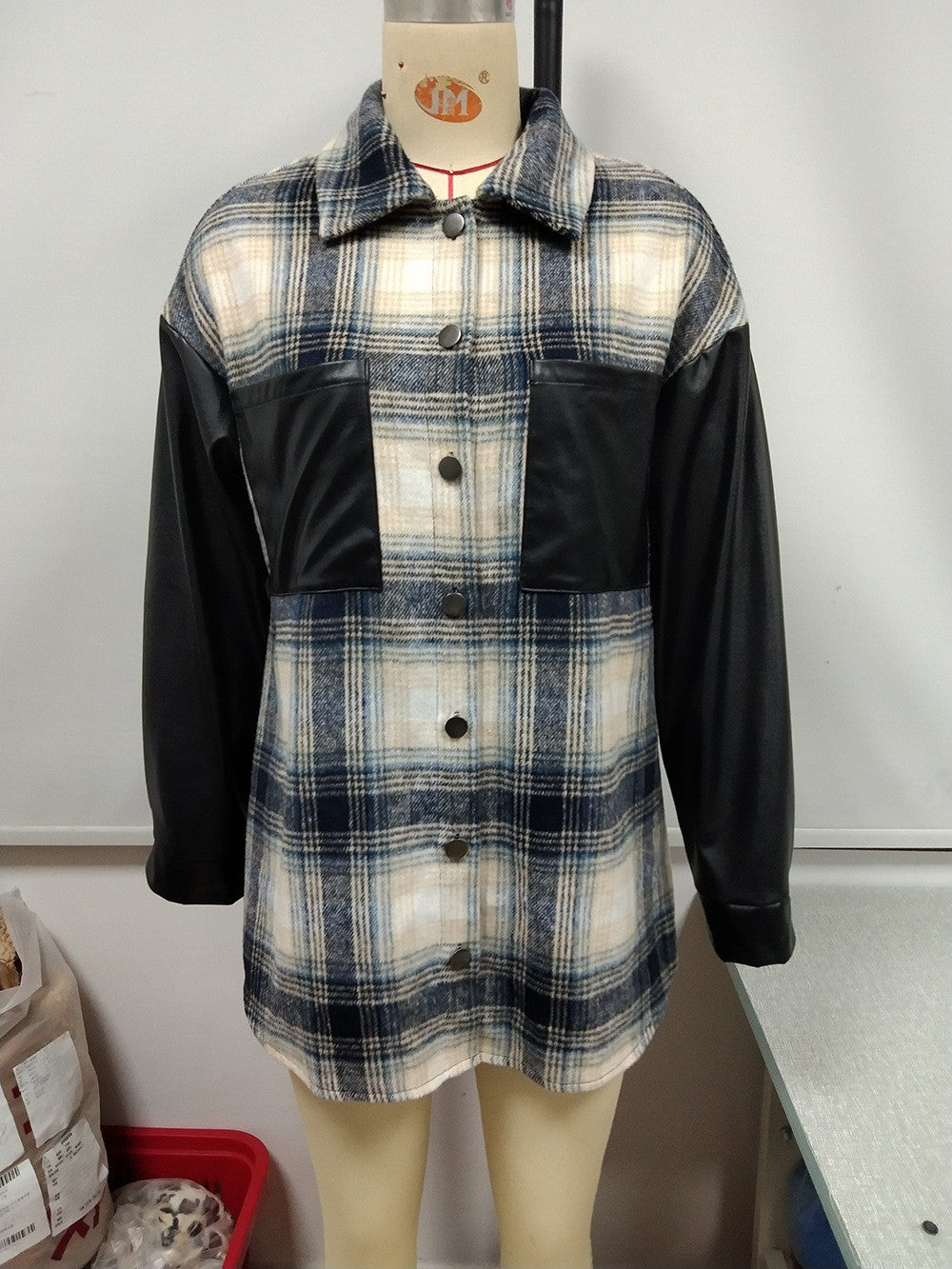 Women's overshirt with faux leather sleeves and checked pattern Lune London