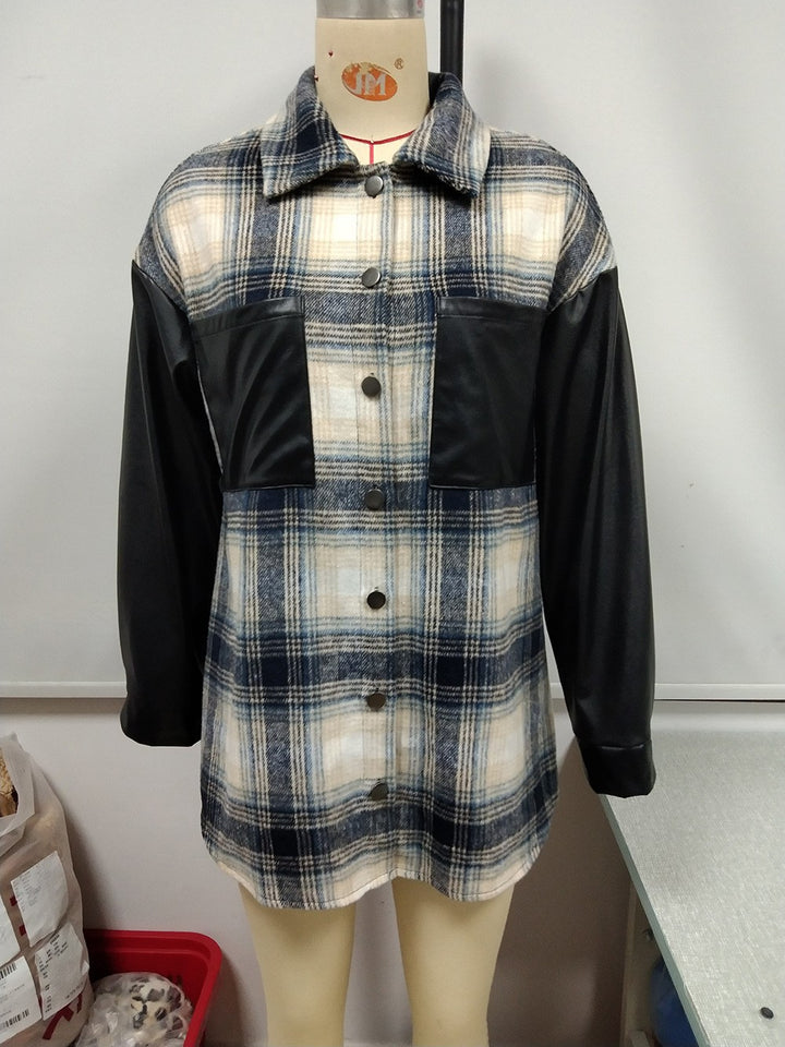 Women's overshirt with faux leather sleeves and checked pattern Lune London