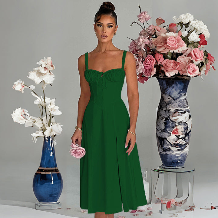 Elegant Midi Dress for Women with Deep V Neck and Chic & Stylish Refined Waist Element