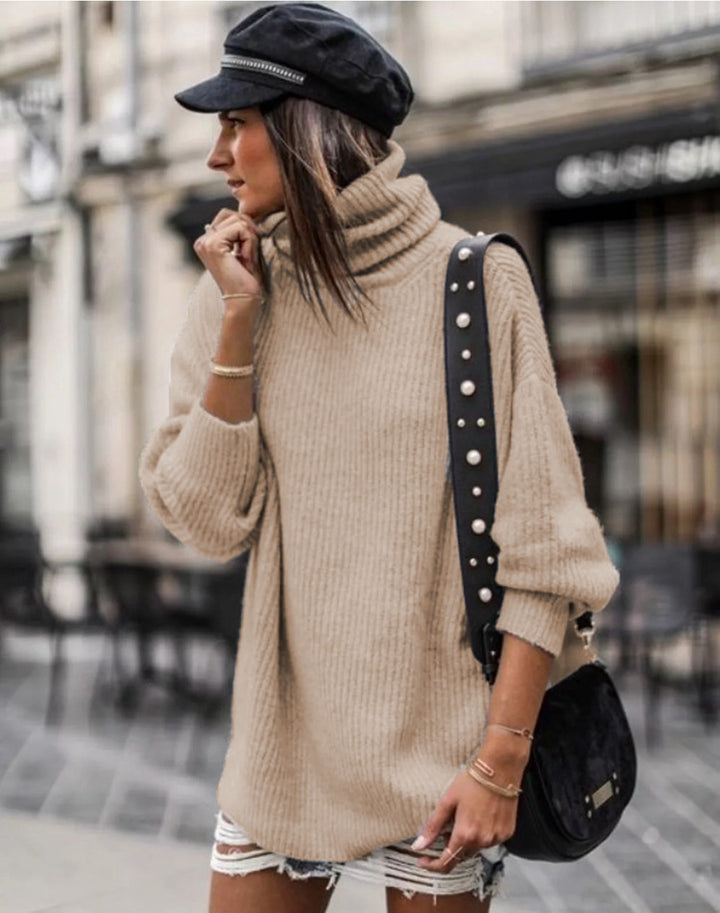Oversized knitted sweater for women with high collar and chic fashion details