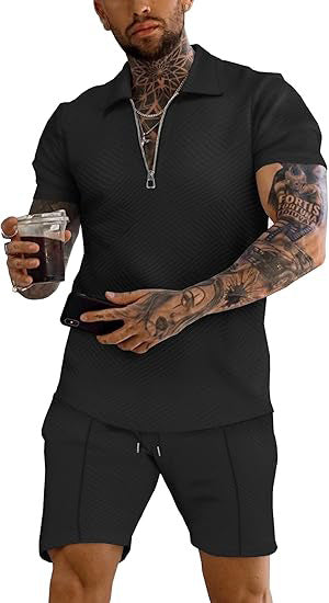 Men's trendy short-sleeve top with textured design and matching shorts Lune London