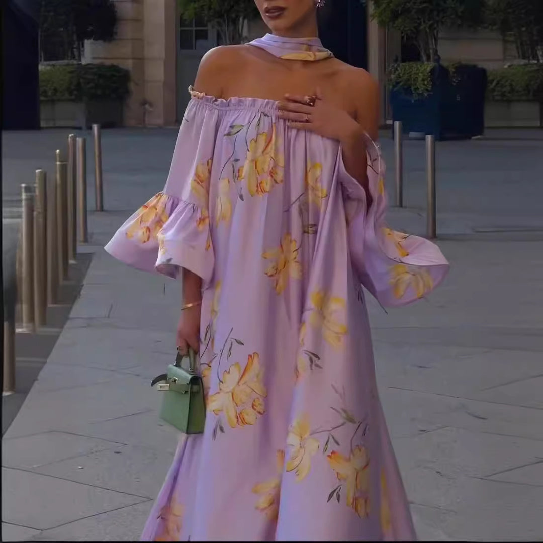 Women's Elegant Maxi Dress with Off-Shoulder Design and Ruffle Sleeves