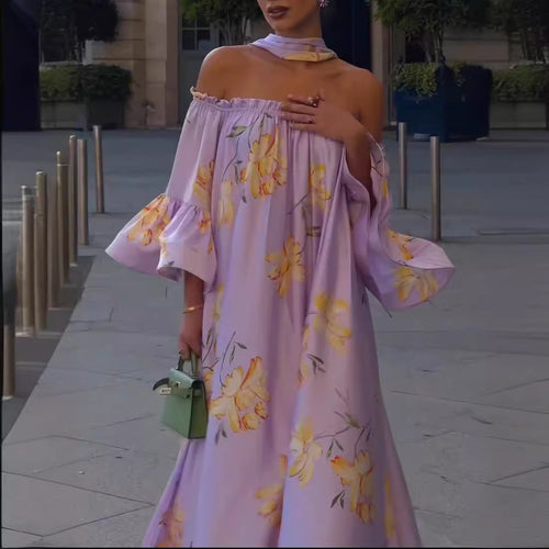 Women's Elegant Maxi Dress with Off-Shoulder Design and Ruffle Sleeves
