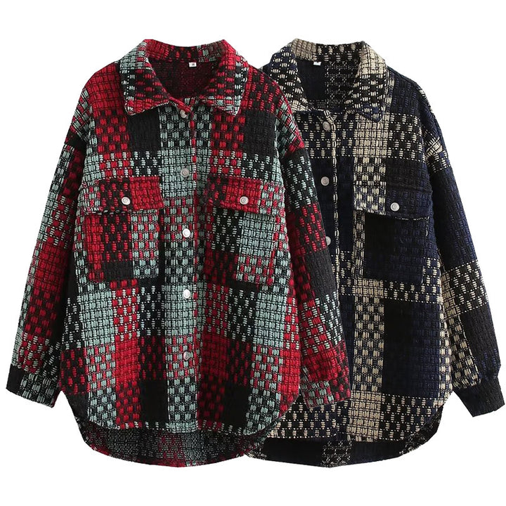 Women's transitional jacket with patchwork design, featuring practical pockets and a casual fit Lune London