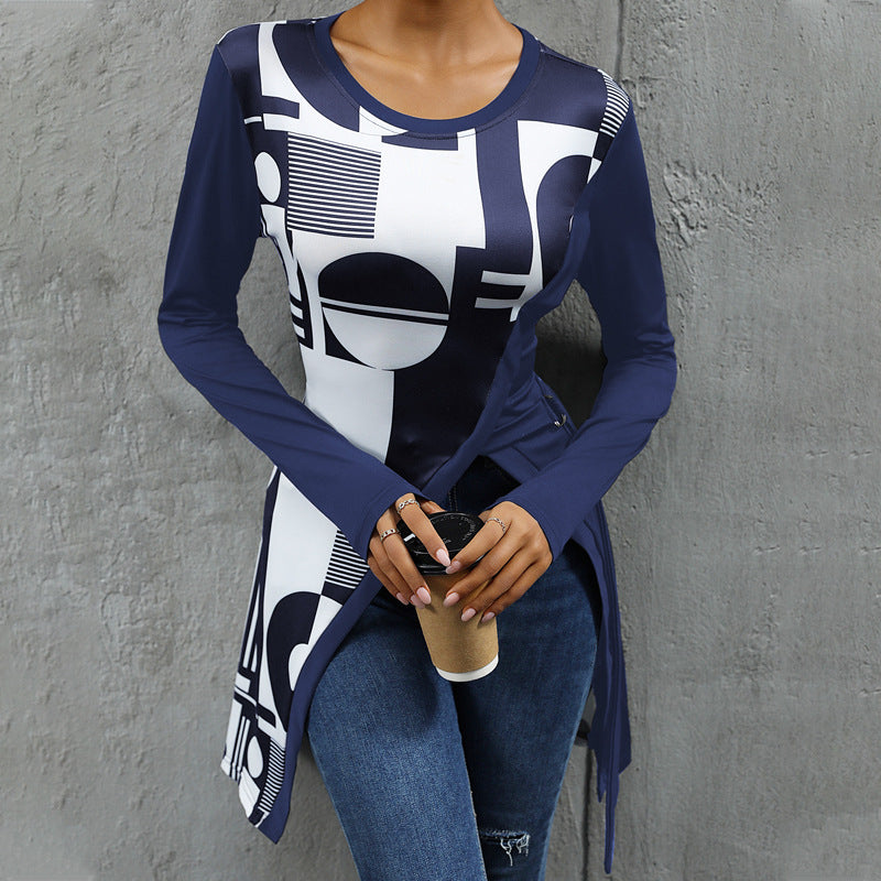 Ladies long modern t-shirt with geometric print and asymmetrical cut Lune London