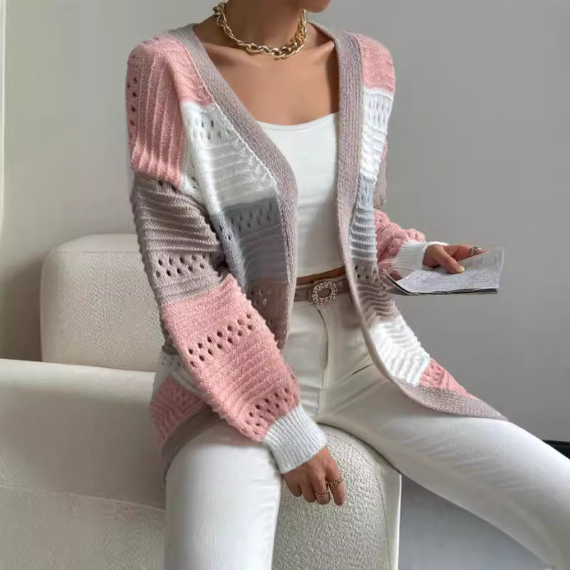 Ladies Casual Knit Cardigan with Modern Airy Patterns and Color Block Stripes Lune London