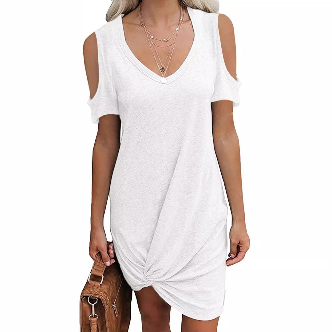 Mini V-neck dress for ladies with open shoulder design and refined tying details Lune London
