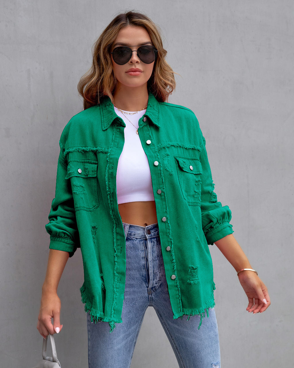 Stylish oversized denim jacket for women with distressed effect Lune London