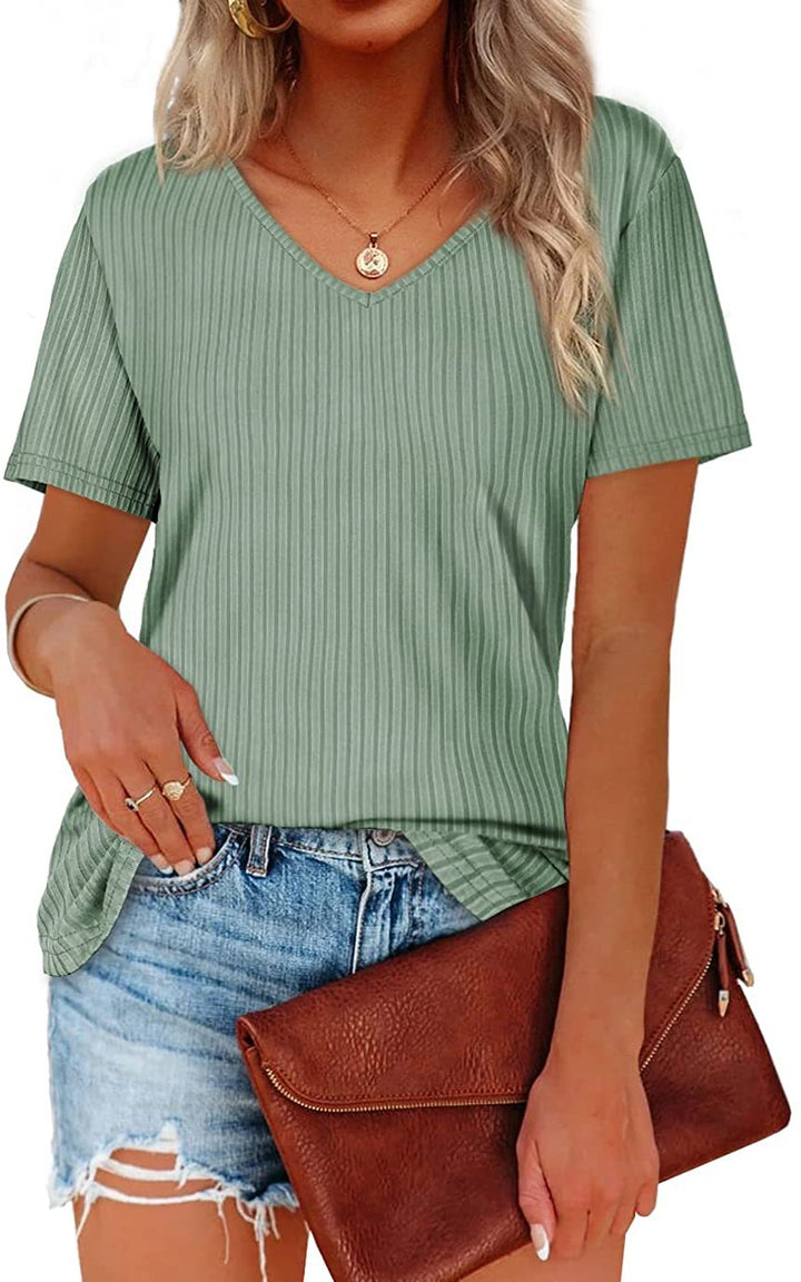 Viscose T-shirt for women with a fine ribbed knit pattern and a casual V-neck Lune London