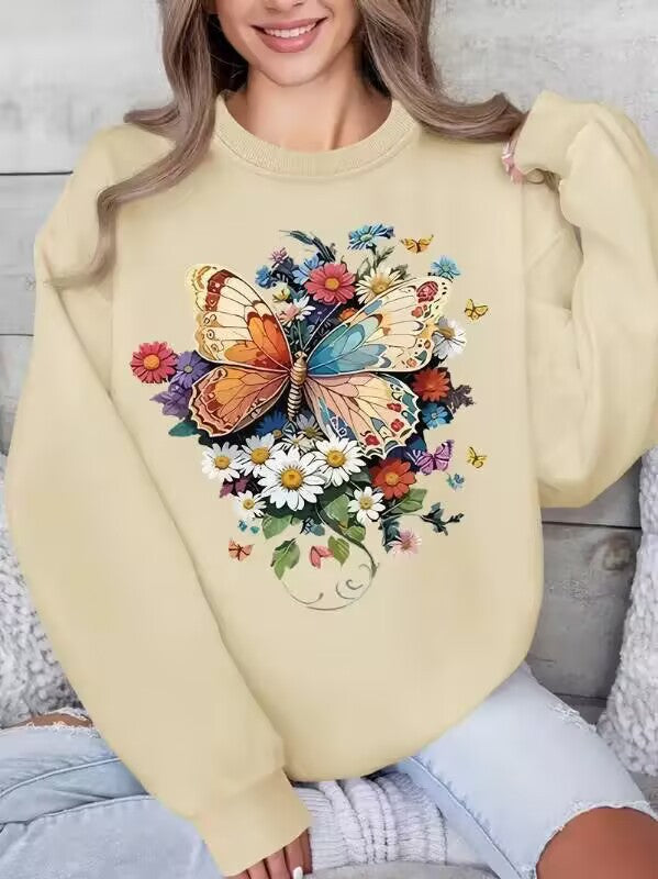 Sweatshirt à longues manches pour femmes avec imprimé floral de papillon Chic & Stil