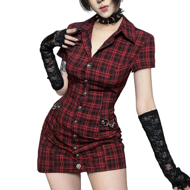 Ladies short sleeve dress in Scottish plaid pattern with button placket and decorative details